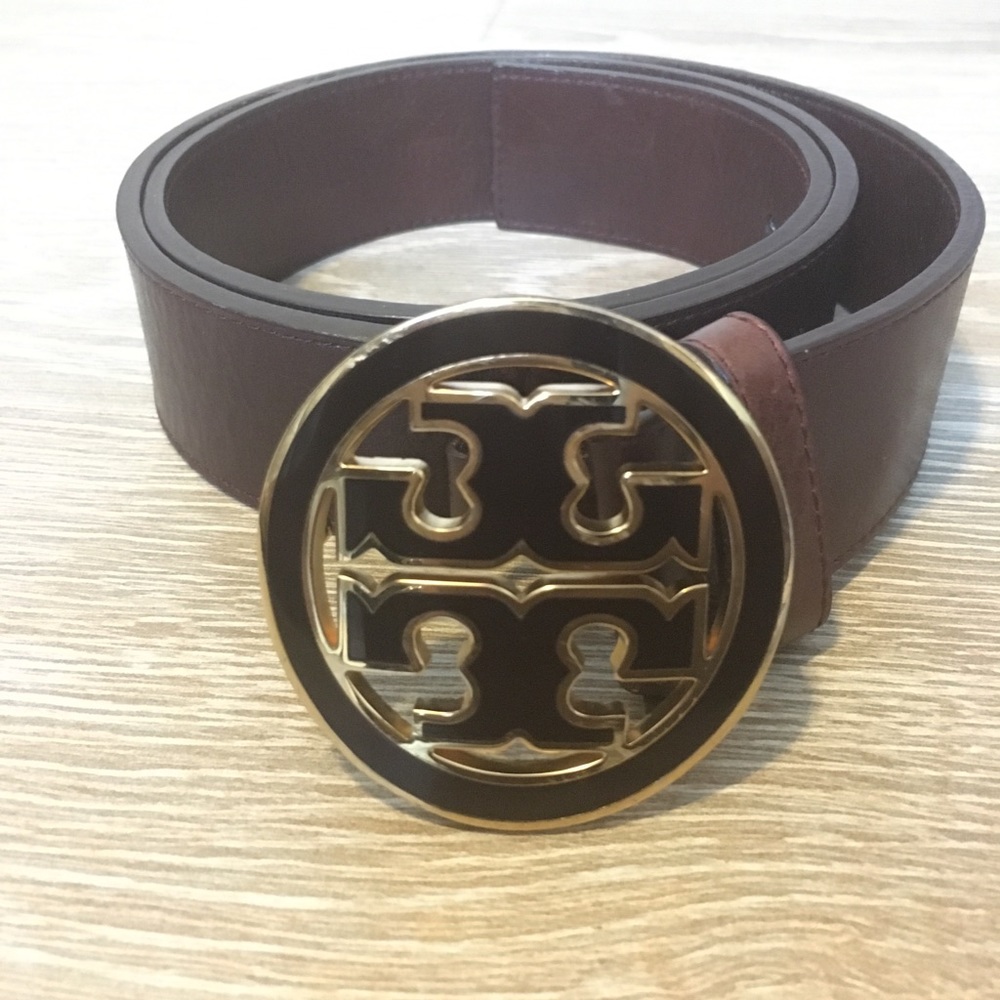 Tory Burch Logo Brown and Gold Leather Belt